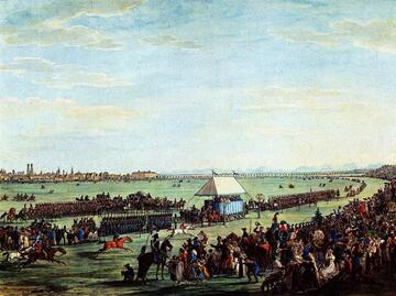Das erste Oktoberfest (Bild: Stadtmuseum; Kat.Nr. 50, Peter Heß, kolorierter Konturenstich) Das erste Oktoberfest (Bild: Stadtmuseum; Kat.Nr. 50, Peter Heß, kolorierter Konturenstich)